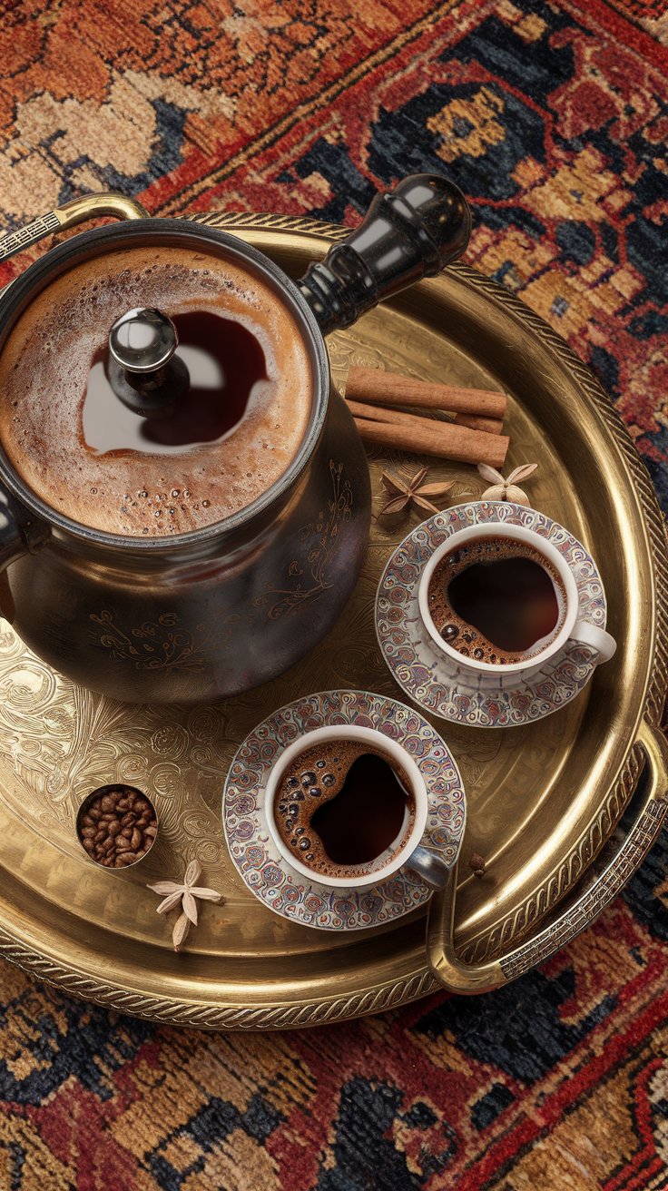 traditional Turkish coffee pot (cezve) on a brass tray, thick dark coffee with foam (kaymak) served in small ornate cups