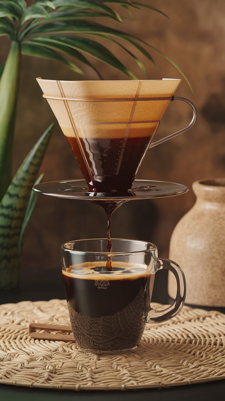 Vietnamese coffee being brewed with a phin filter over a glass cup, dark coffee dripping slowly onto a layer of condensed milk