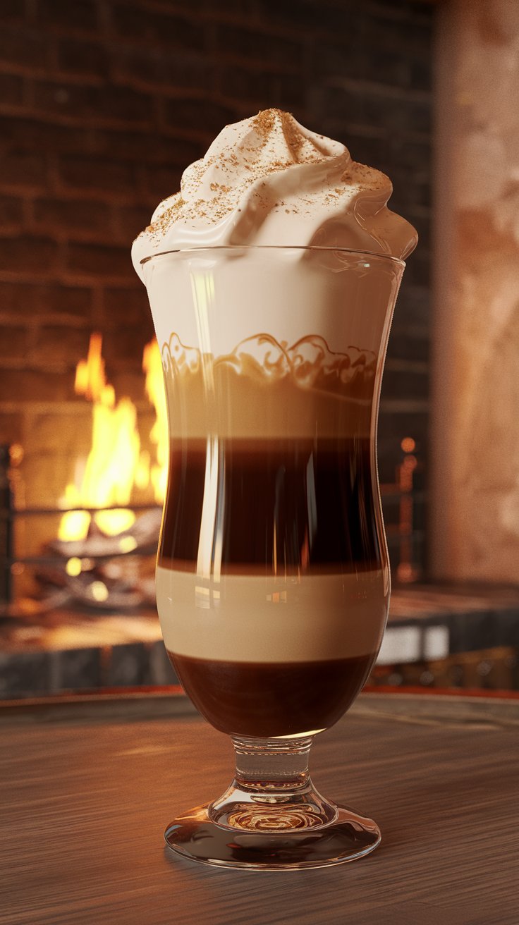 Irish coffee in a stemmed glass, layers of hot coffee, Irish whiskey, and a thick cap of whipped cream, garnished with nutmeg