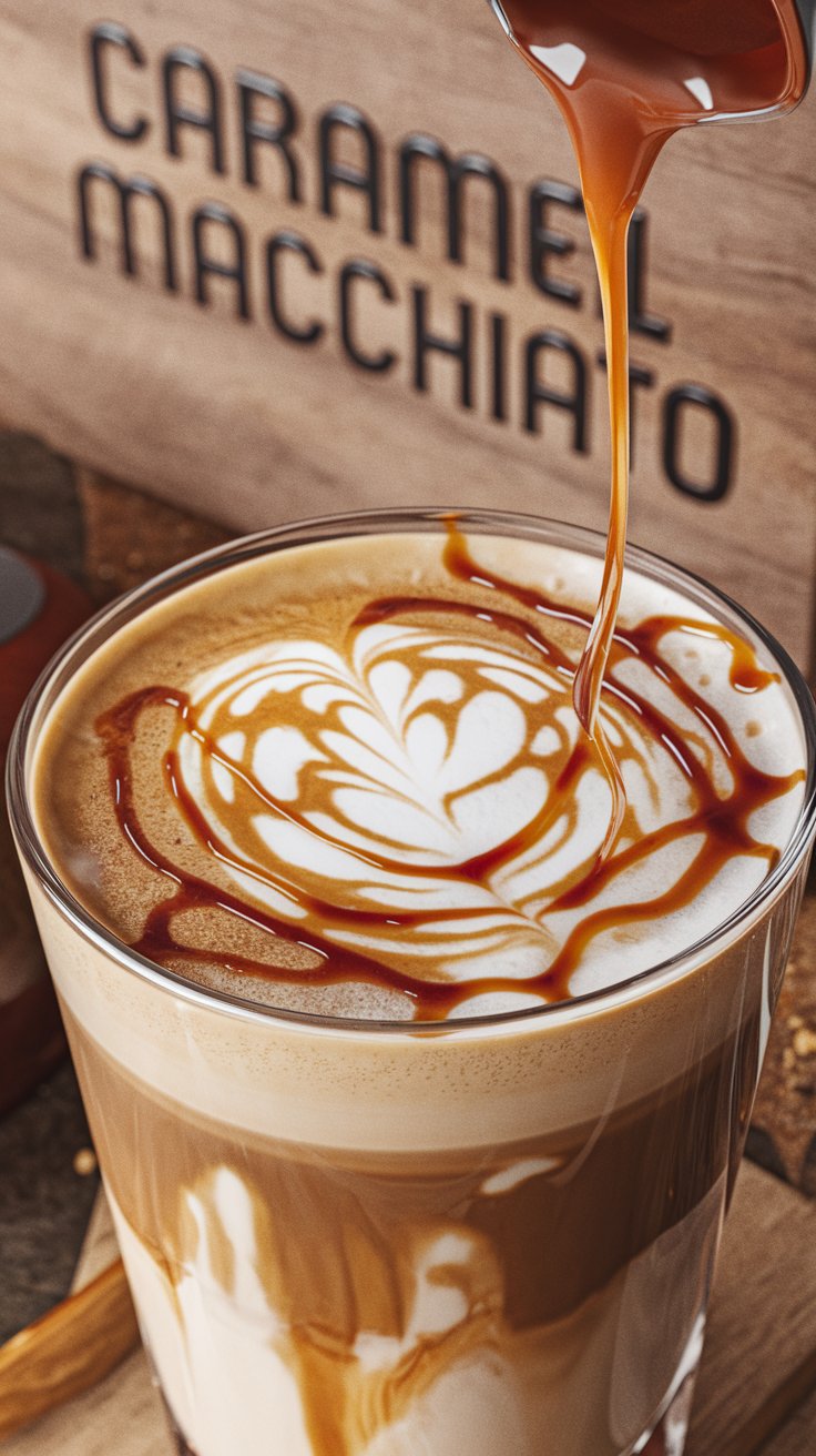 caramel macchiato in a glass, layers of vanilla syrup, steamed milk, espresso shot, and caramel drizzle, golden caramel threads, coffee art, sweet treat