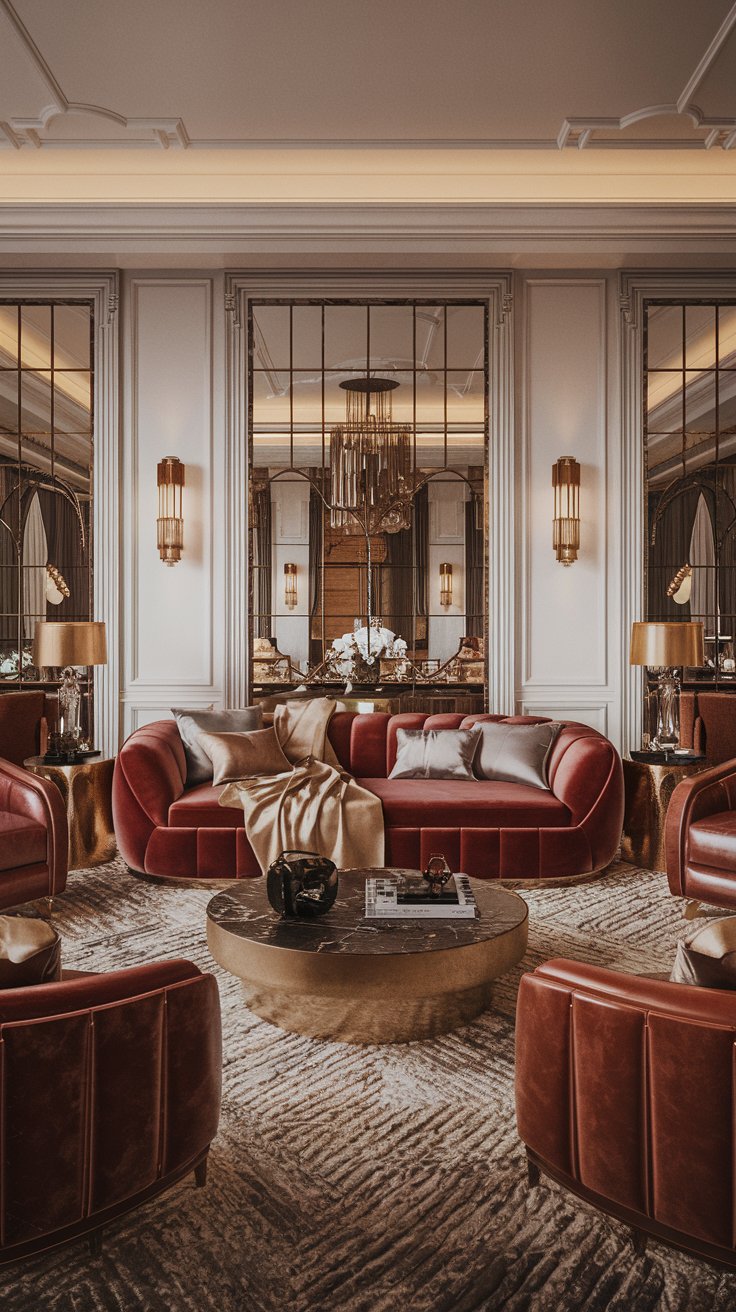 a luxurious living room emphasizing textures. A plush velvet sofa is the centerpiece, draped with a cashmere throw. Silk cushions are scattered around. Include a variety of textures like rich leather armchairs, a nubby wool rug, and metallic side tables