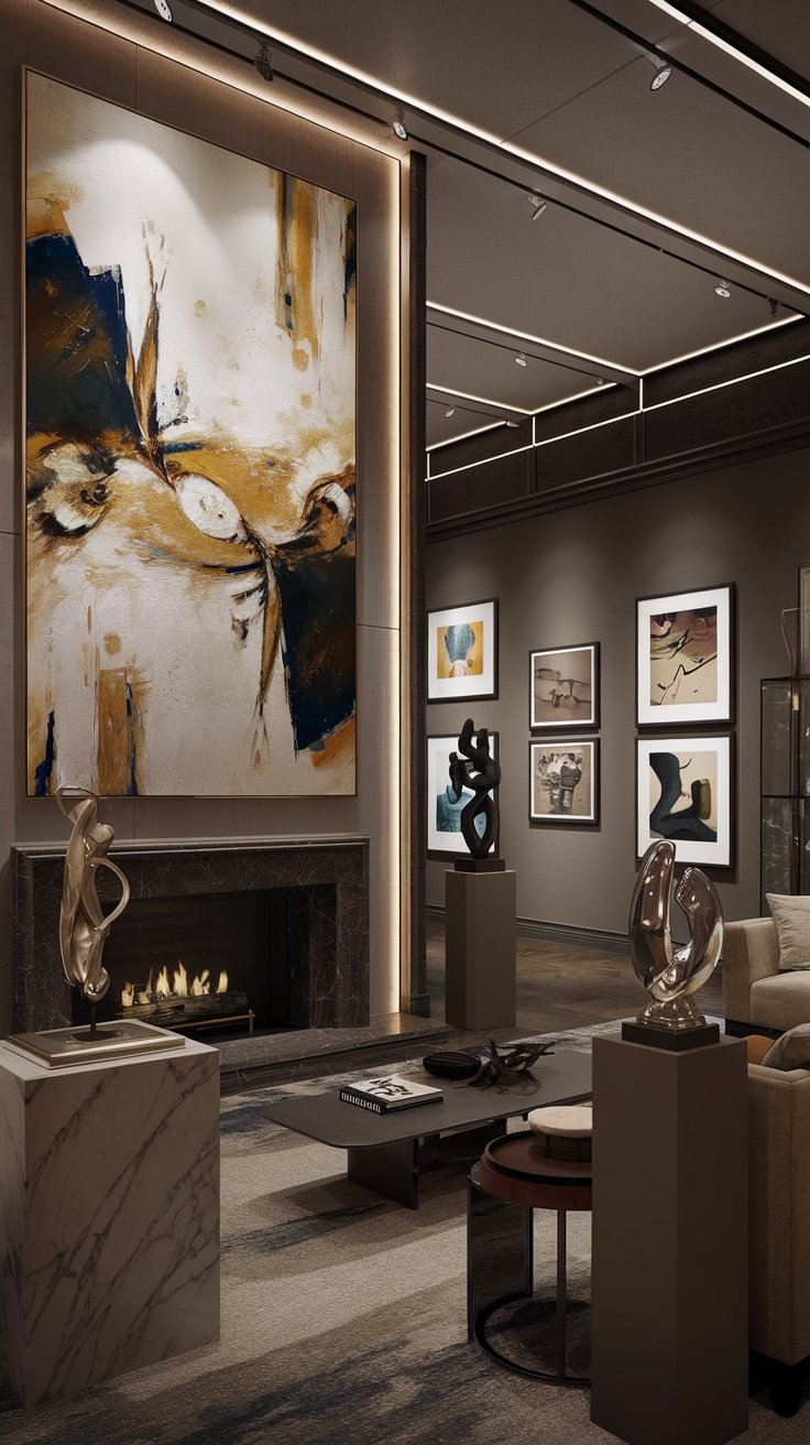 a luxurious living room with a focus on art. A large, abstract painting hangs above the fireplace, serving as a focal point. Include modern sculptures on pedestals and side tables. A gallery wall with framed art is visible in the background