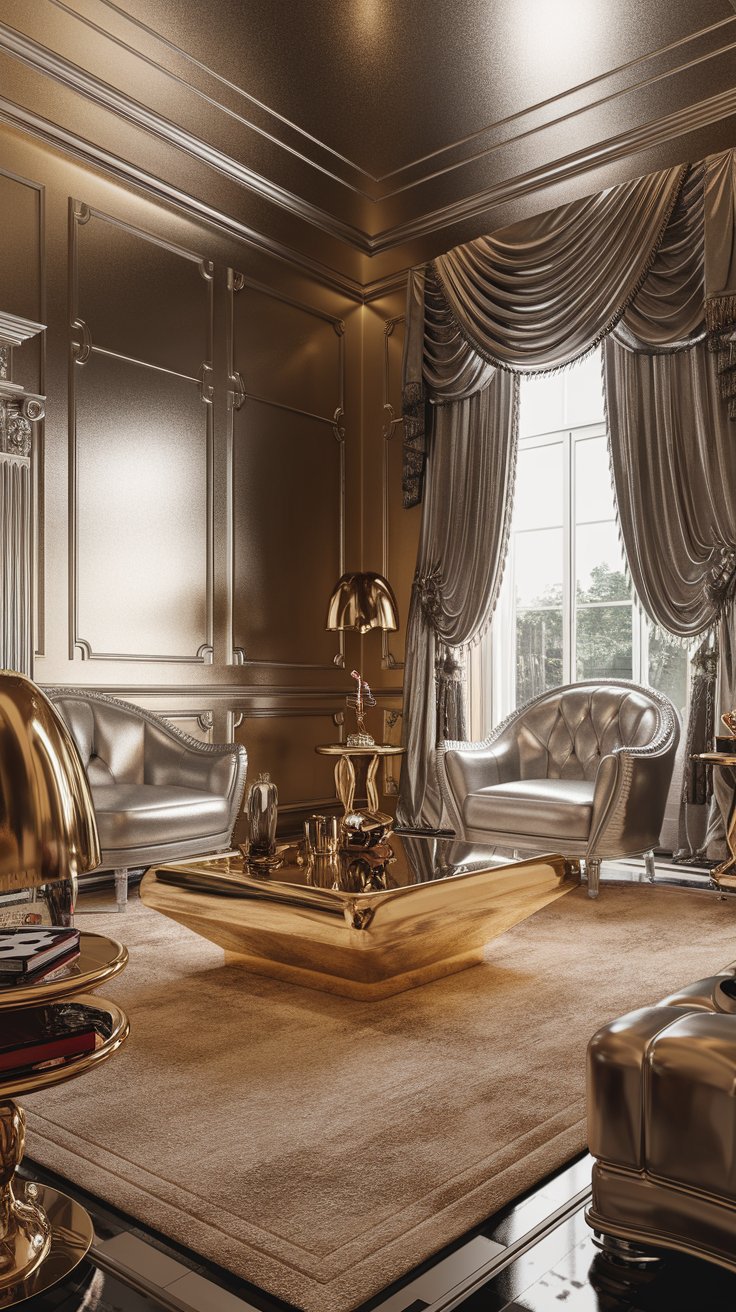 a luxurious living room with prominent metallic accents. A gold coffee table is in the center, reflecting light. Include silver armchairs and brass lamps