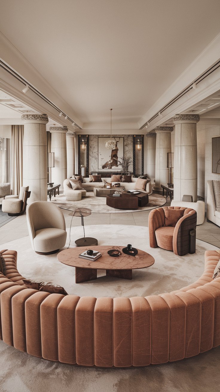 a luxurious living room featuring custom furniture. A bespoke curved sofa is the centerpiece, upholstered in high-end fabric. Include designer armchairs with unique silhouettes and a handcrafted coffee table.