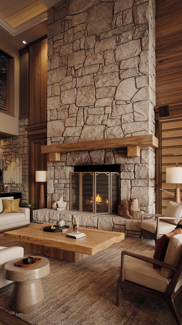 a luxurious living room with natural stone and wood elements. A large stone fireplace dominates one wall. Wood paneling is used on another wall. Include a raw wood coffee table and stone side tables