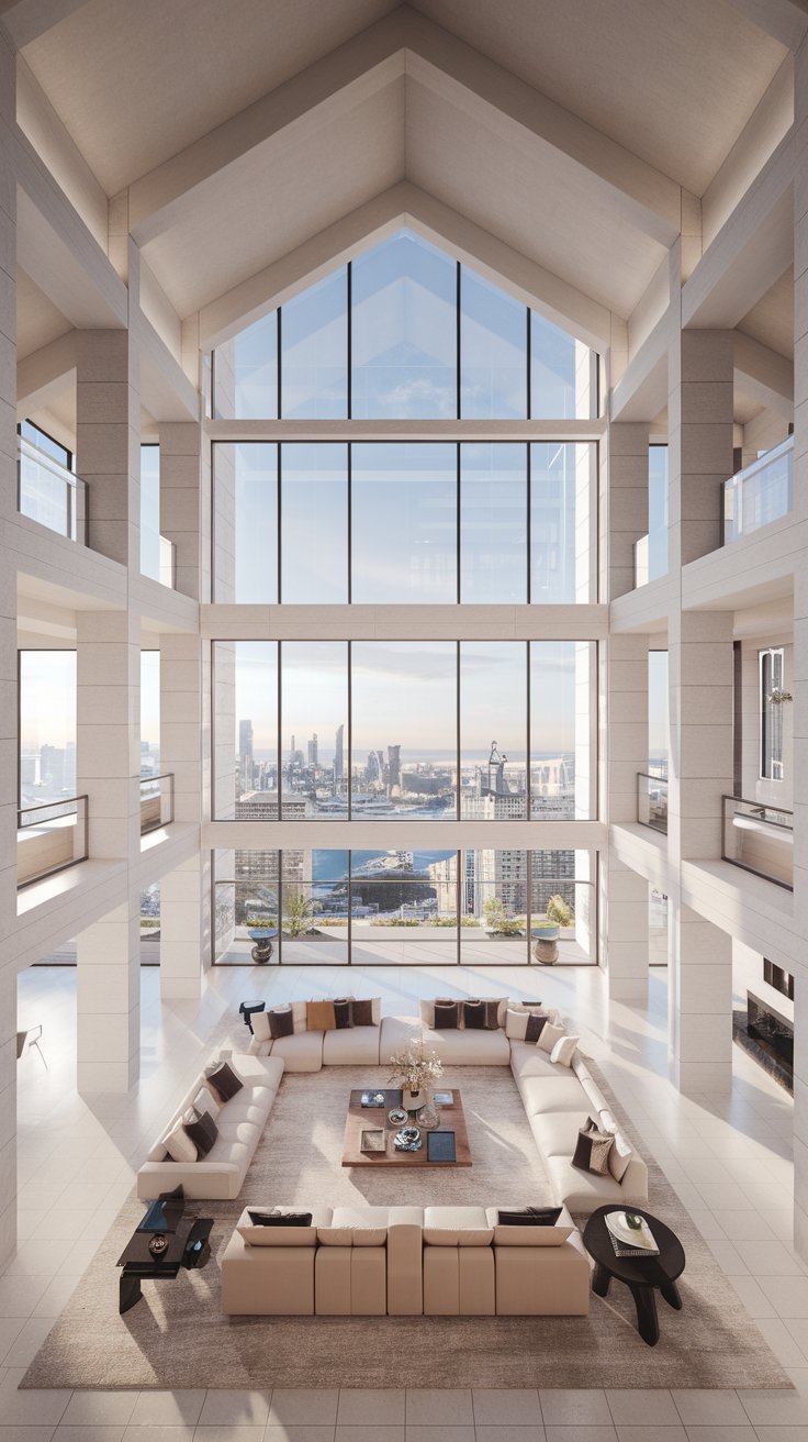 a luxurious living room with soaring ceilings and expansive space. The room is minimalist but elegant, with large windows showcasing a city view.