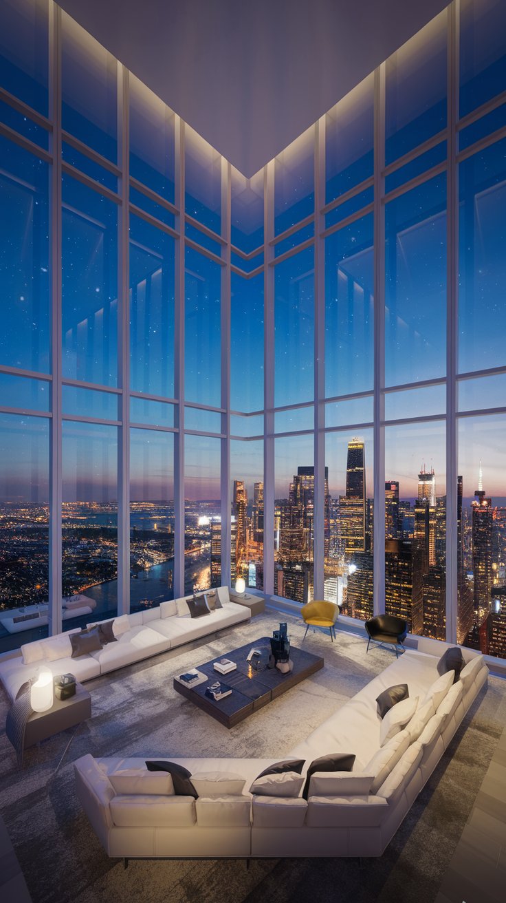a luxurious living room with panoramic views. Floor-to-ceiling windows showcase a stunning city skyline at night, with twinkling lights. The interior is modern and minimalist to not distract from the view