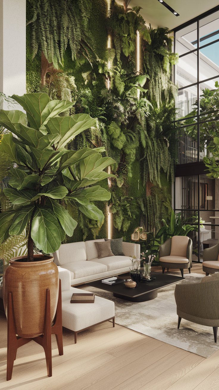 a luxurious living room filled with lush indoor greenery. A large fiddle leaf fig is prominently placed. Include a vertical garden wall with ferns and other plants.