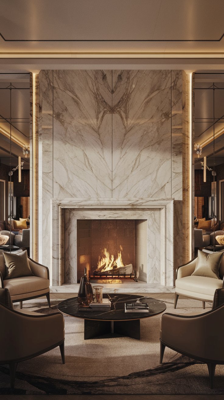 a luxurious living room centered around a focal point fireplace design. A modern marble fireplace with clean lines is the centerpiece. Include elegant seating arranged around the fireplace and ambient lighting.