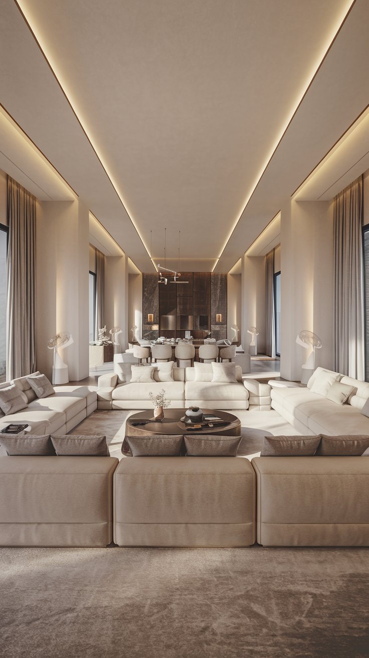 a luxurious living room with seamless tech integration. The room appears minimalist and uncluttered, with no visible technology. Imagine hidden speakers and smart lightin