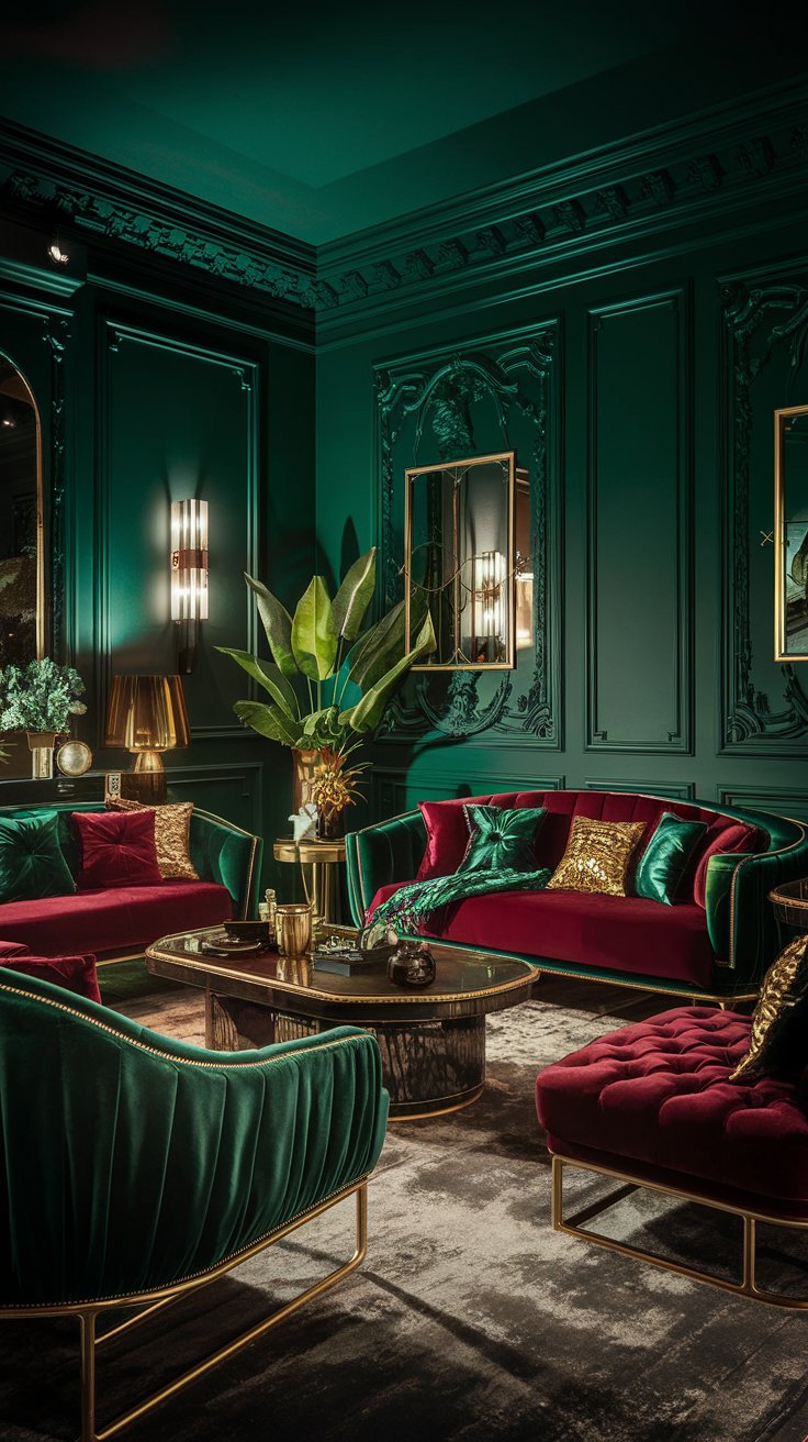a luxurious living room with a bold and harmonious color palette. Deep emerald green walls are the backdrop. Include velvet furniture in jewel tones and gold accents
