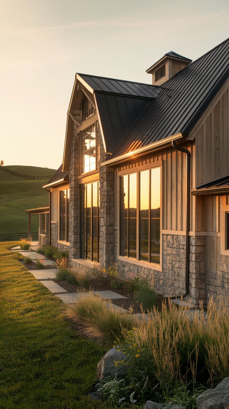 a beautifully renovated barn house at golden hour, warm light casting long shadows, surrounded by rolling green hills, natural stone accents, large windows reflecting the sunset, rustic wooden siding, modern black metal roof, landscaping with wildflowers and tall grasses