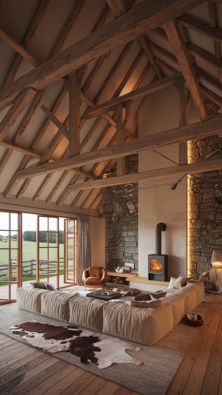 open-plan barn house living room, soaring exposed wooden beams, natural stone wall backdrop, large modern fireplace, plush linen sofa, cowhide rug, floor-to-ceiling windows overlooking a green pasture
