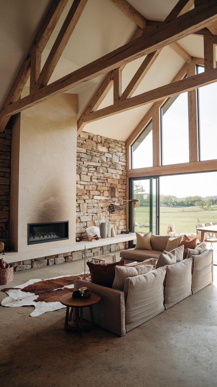 open-plan barn house living room, soaring exposed wooden beams, natural stone wall backdrop, large modern fireplace, plush linen sofa, cowhide rug, floor-to-ceiling windows overlooking a green pasture