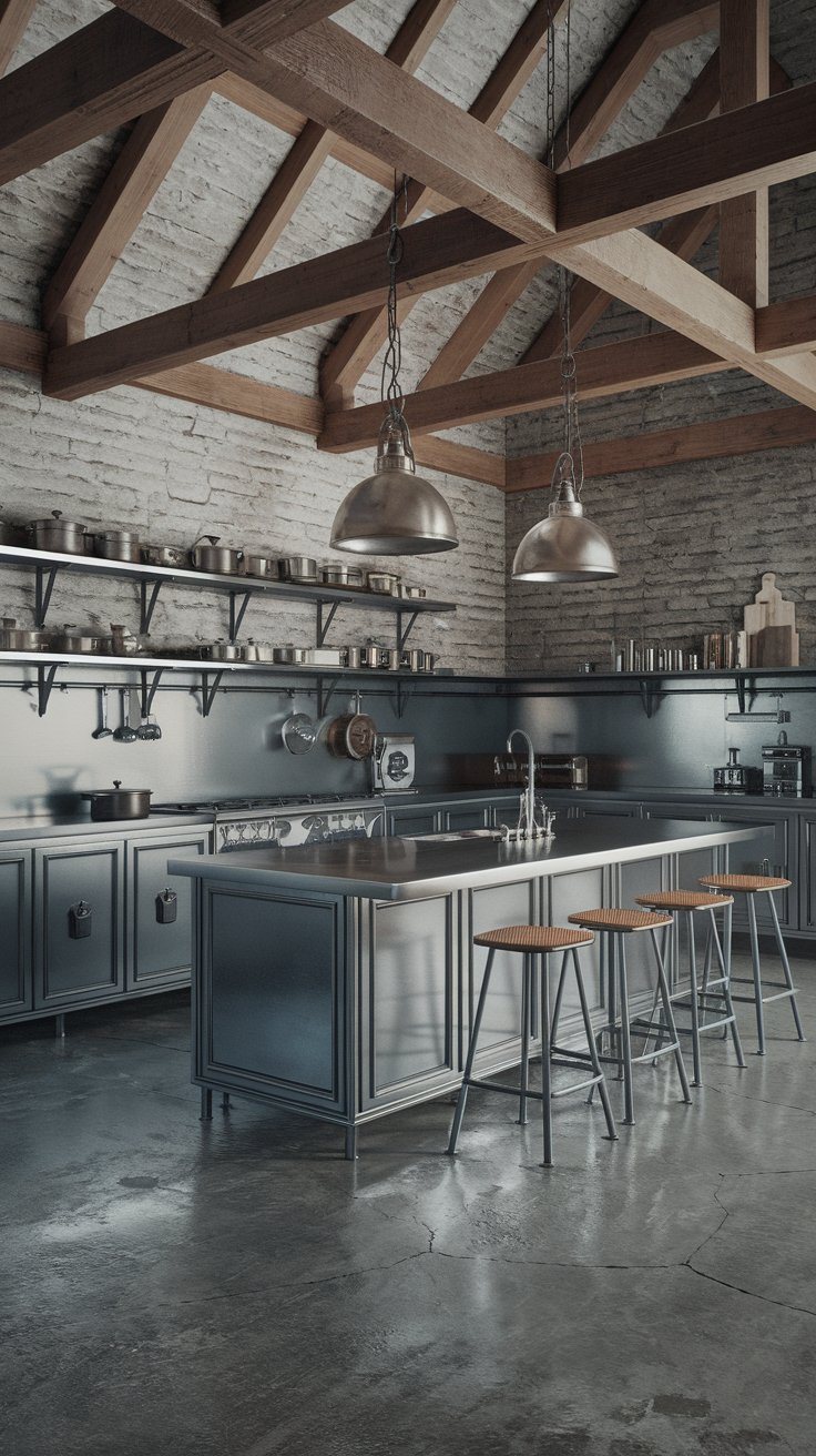 industrial barn house kitchen, stainless steel countertops, exposed brick walls, pendant lights hanging from wooden beams, large kitchen island with bar stools, concrete flooring, open shelving with vintage cookware