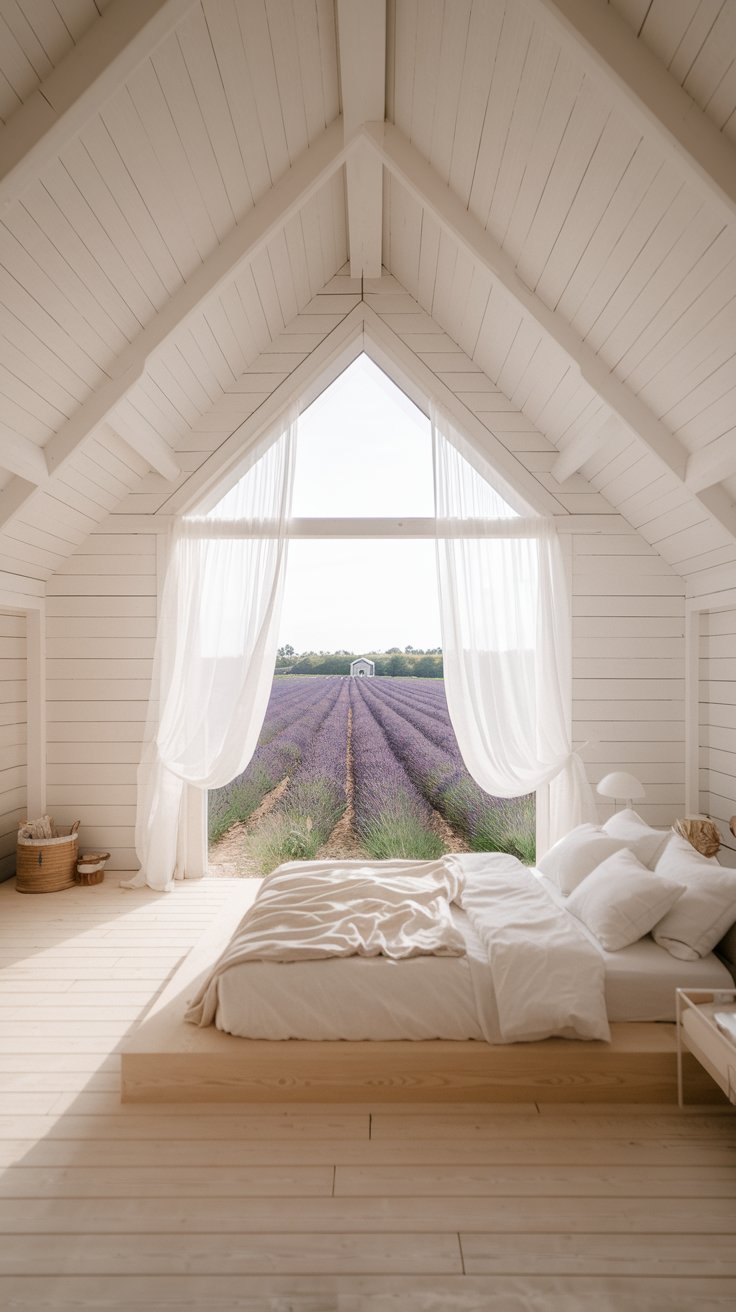 minimalist barn house bedroom, white walls, light wood flooring, large window with sheer curtains overlooking a field of lavender, simple platform bed with white linens, minimal décor