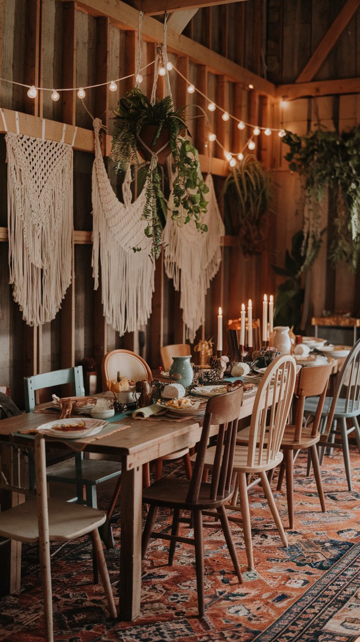 bohemian barn house dining room, long wooden table set for a feast, mismatched vintage chairs, colorful Persian rug, macrame wall hangings, hanging plants