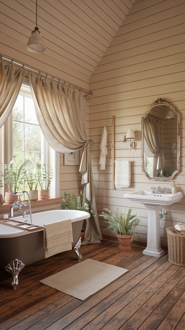 farmhouse barn house bathroom, clawfoot bathtub, shiplap walls, vintage mirror, pedestal sink, linen curtains