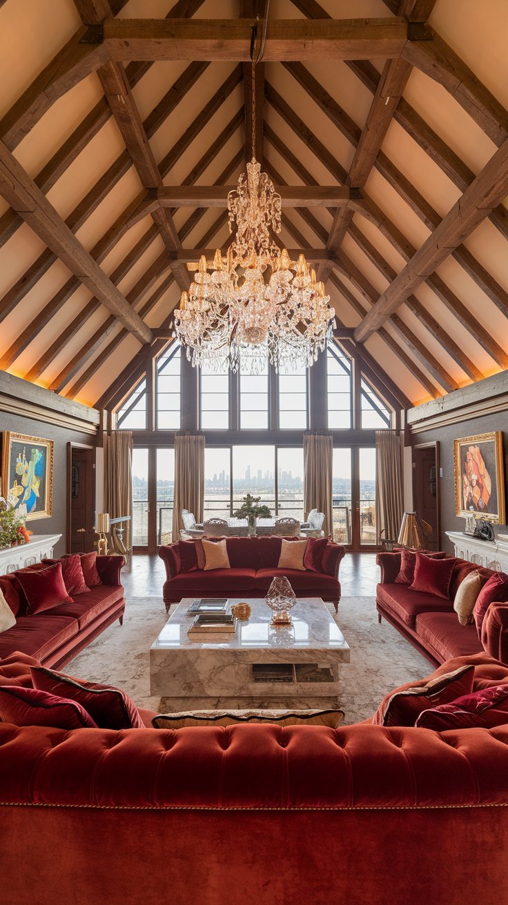 luxurious barn house living room, velvet sofa, crystal chandelier hanging from wooden beams, marble coffee table, artwork on the walls, panoramic windows with city skyline view in the distance
