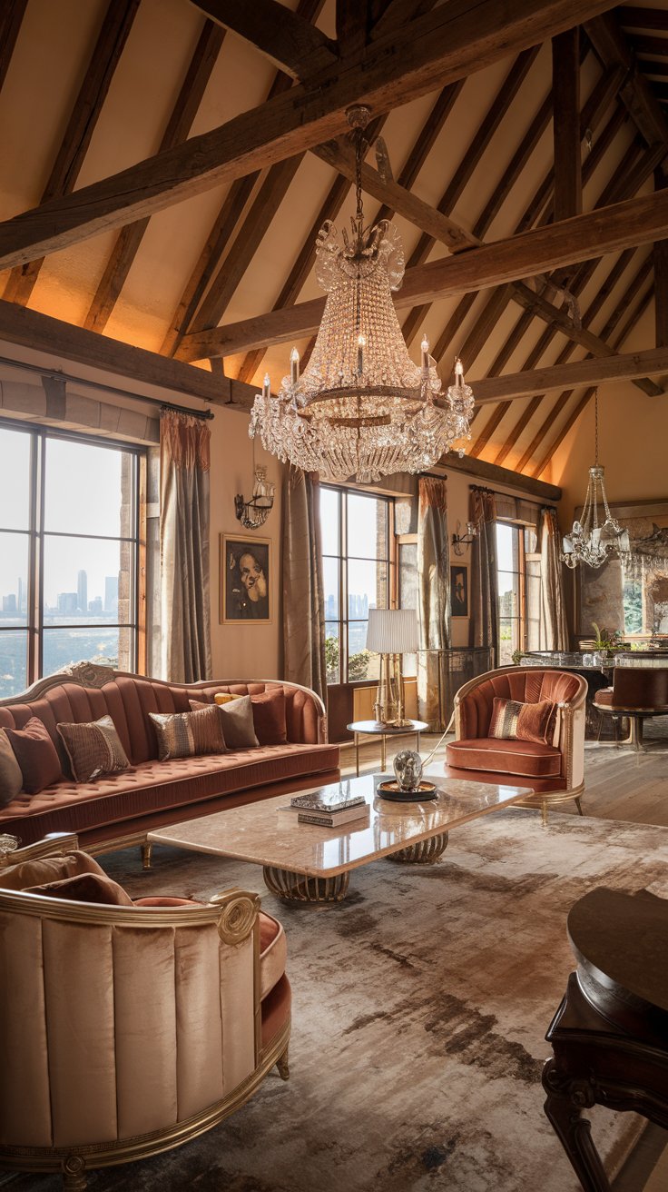 luxurious barn house living room, velvet sofa, crystal chandelier hanging from wooden beams, marble coffee table, artwork on the walls, panoramic windows with city skyline view in the distance