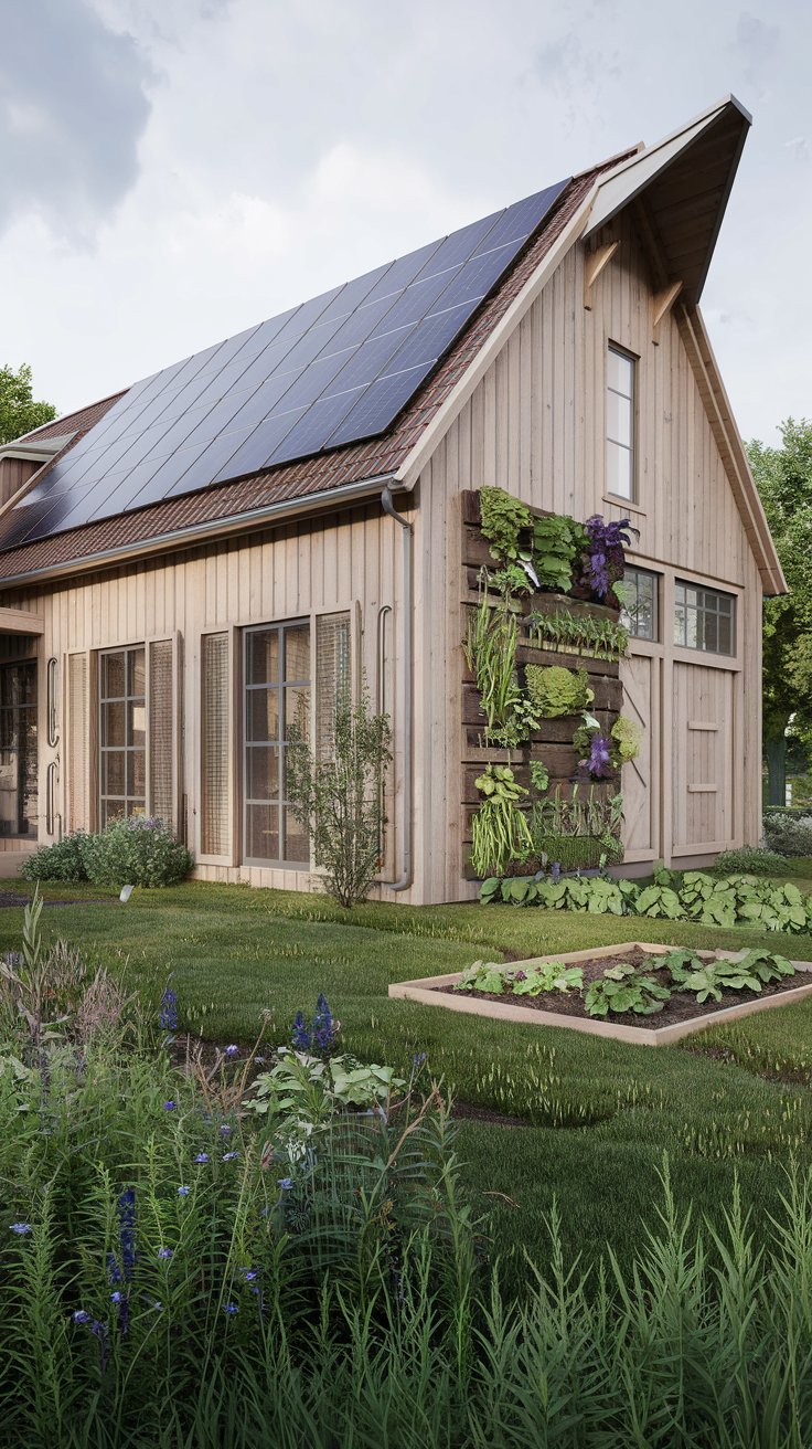 eco-friendly barn house with solar panels on the roof, rainwater harvesting system visible, vertical garden on one wall, surrounded by lush green landscape, wildflowers, vegetable garden, sustainable living concept