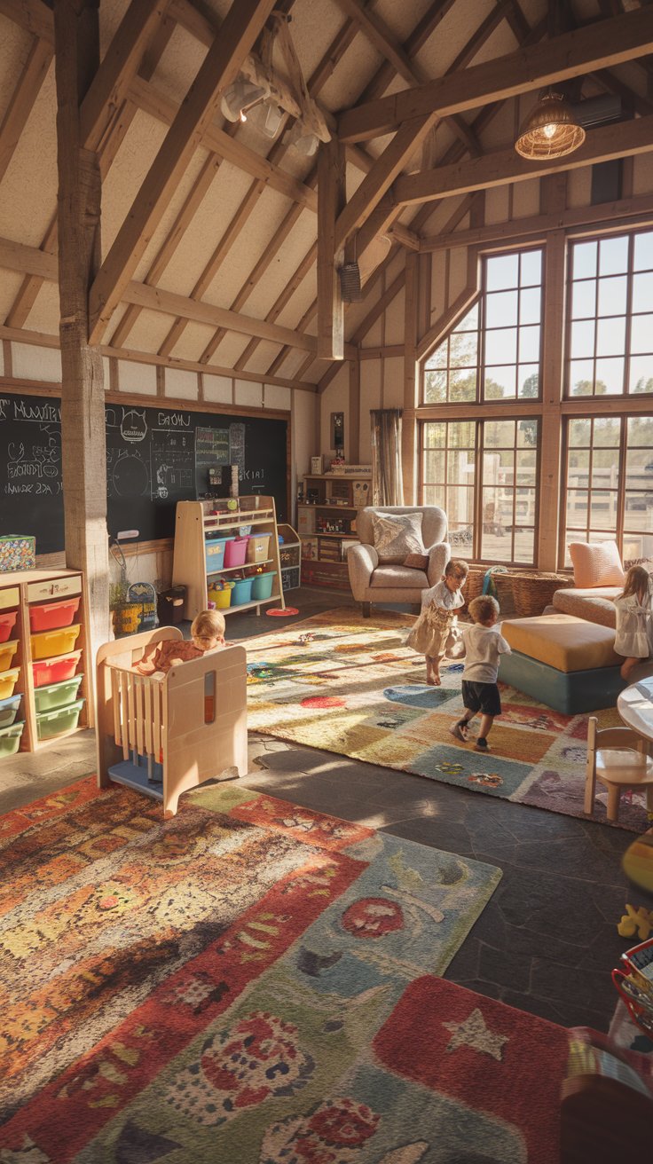 family-friendly barn house playroom, colorful rugs, toy storage, chalkboard wall, comfortable seating, natural light, children playing happily