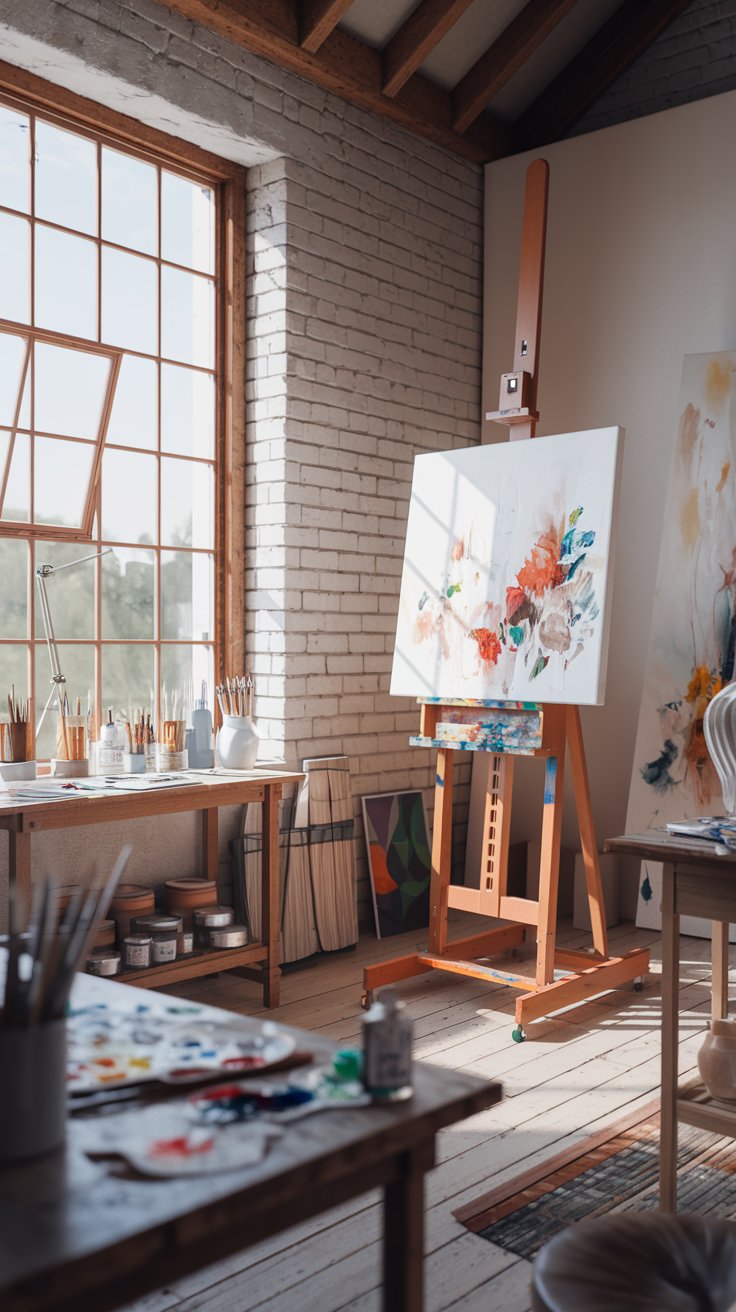 barn house art studio, large windows with natural light, easel with painting in progress, paintbrushes and supplies scattered on a table, exposed brick wall, wooden floor