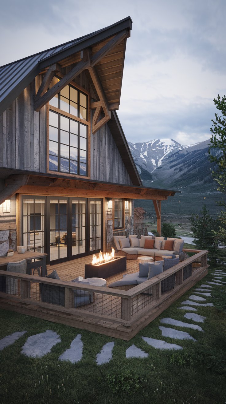 modern mountain barn house, snow-capped mountains in the background, wooden deck with outdoor fireplace, large windows overlooking a valley