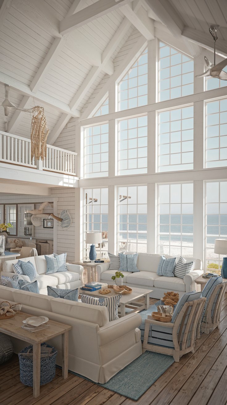 coastal barn house living room, white and blue color palette, nautical décor, seashells, driftwood accents, large windows with ocean view