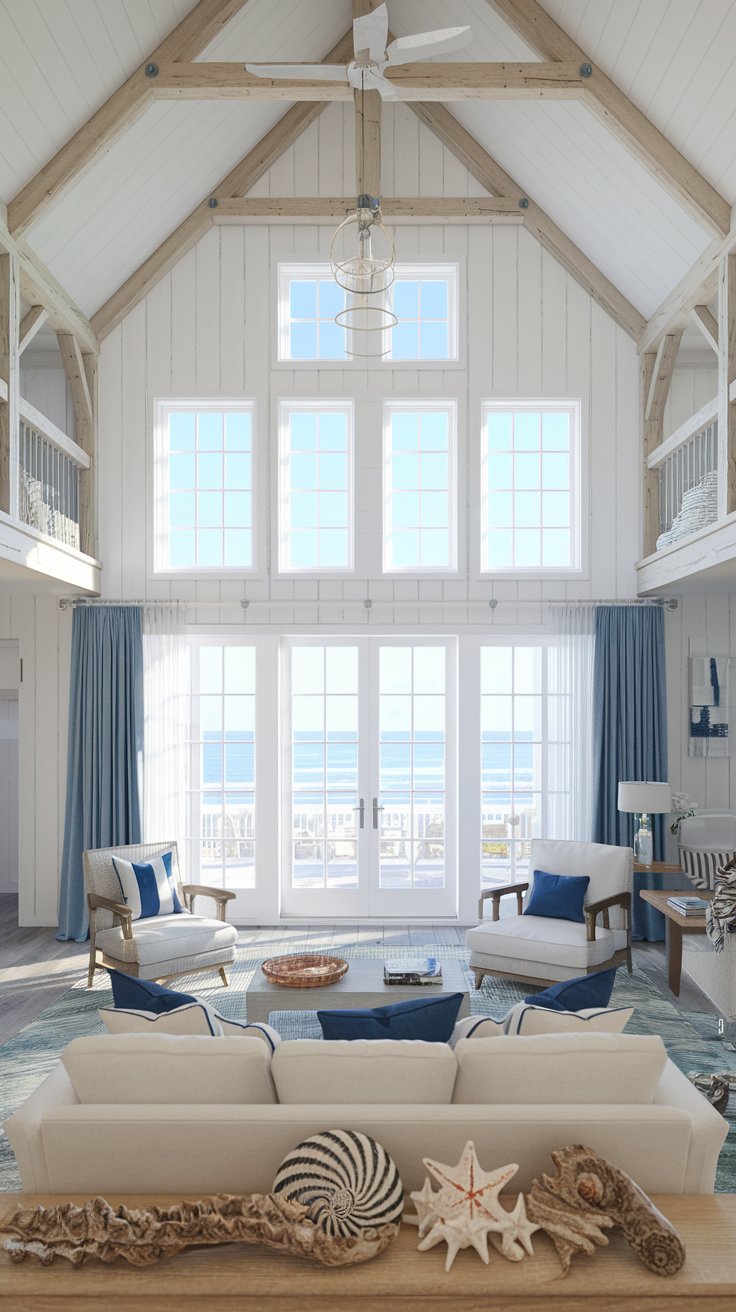 coastal barn house living room, white and blue color palette, nautical décor, seashells, driftwood accents, large windows with ocean view