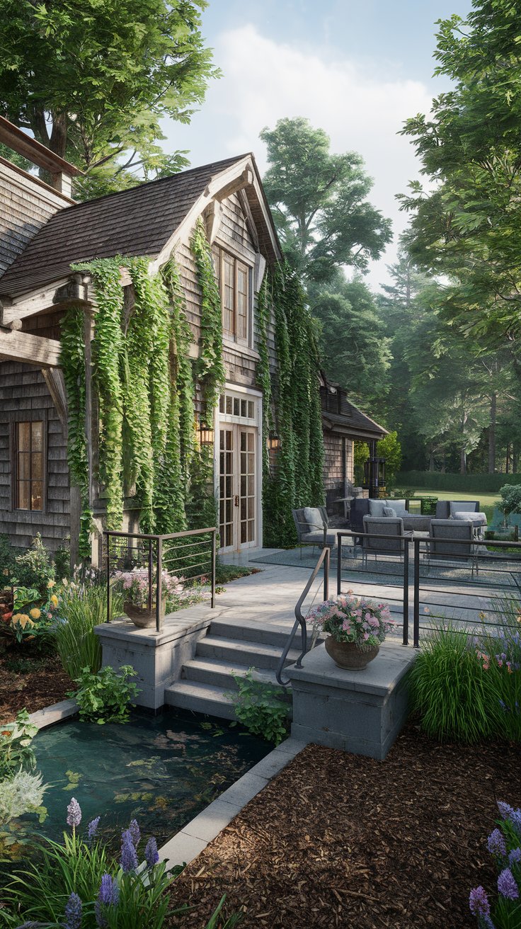 garden barn house, surrounded by lush gardens, climbing vines on the barn walls, patio with outdoor seating, water feature, flowers in bloom