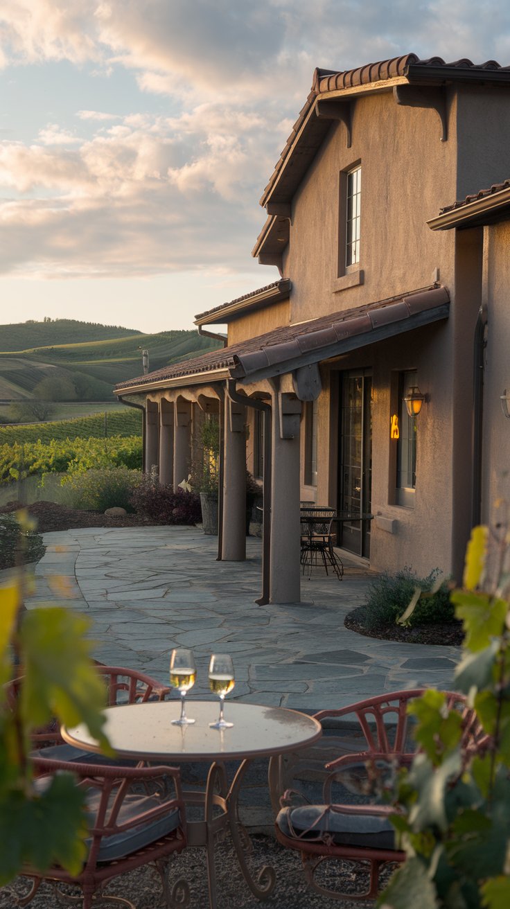 wine country barn house, vineyards in the foreground, rolling hills, stone patio with wine glasses on a table