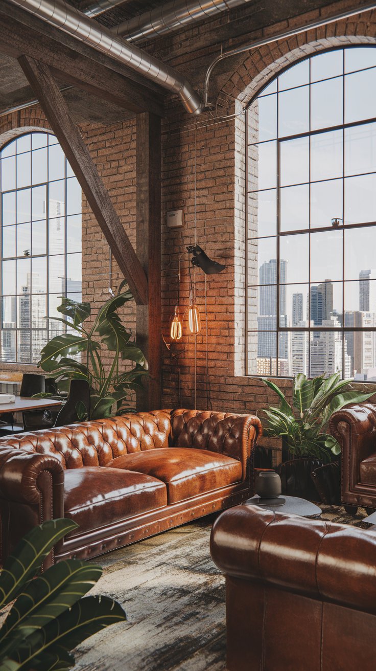 urban barn house living room, exposed brick wall, reclaimed wood beams, large windows with city skyline view, indoor plants, leather sofa