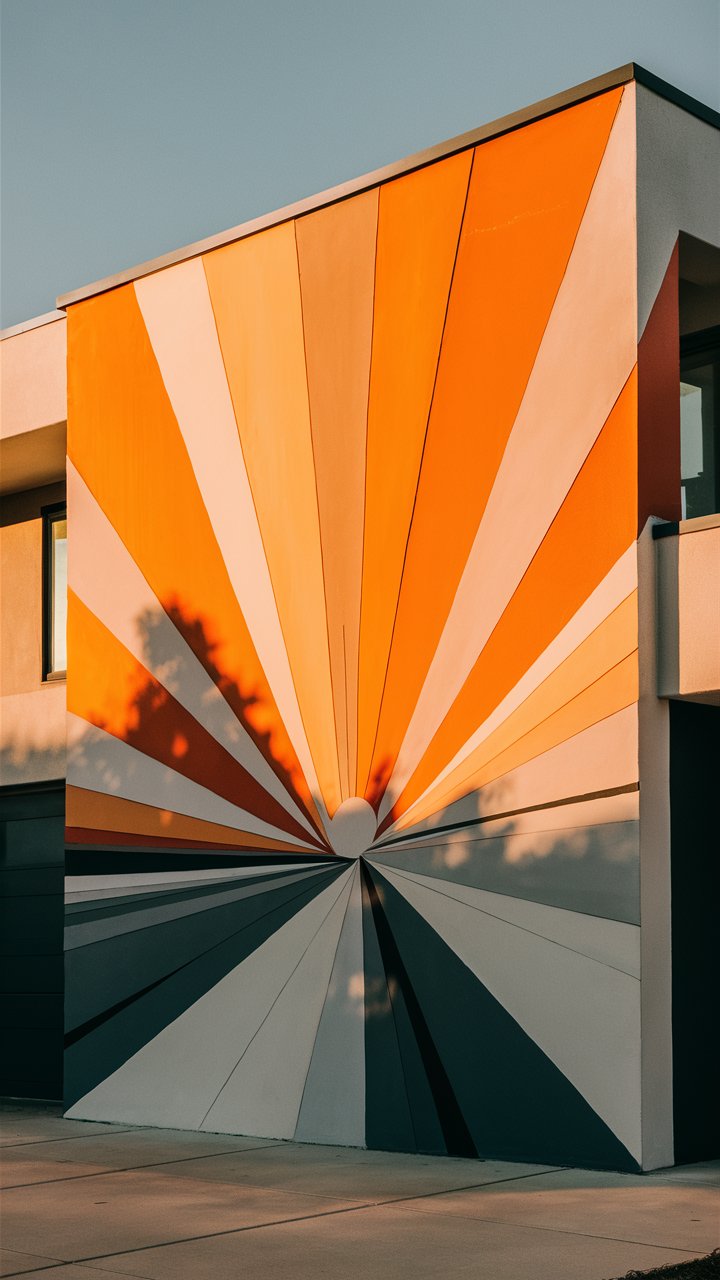 a modern house exterior wall with a large geometric sunrise mural, sharp lines, color blocks, orange, yellow, soft grays, minimalist