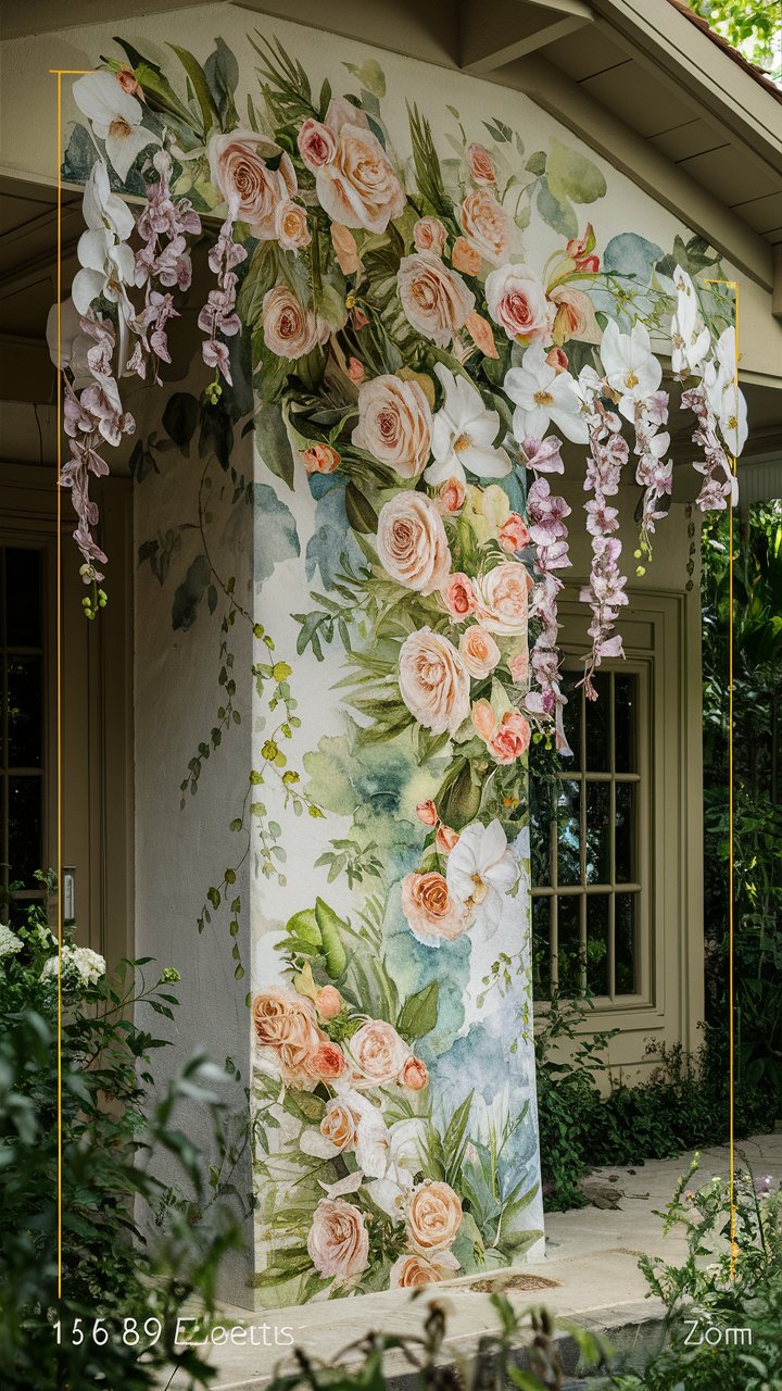 a house exterior with a floral cascade mural, watercolor style, roses, lilies, orchids