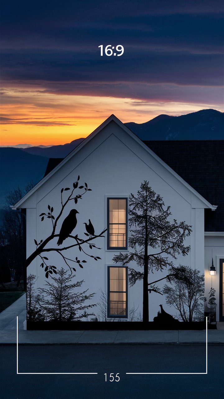 a house exterior with a nature silhouette mural, black silhouettes, trees, birds, mountains, sunset background, orange, purple, deep blue gradient