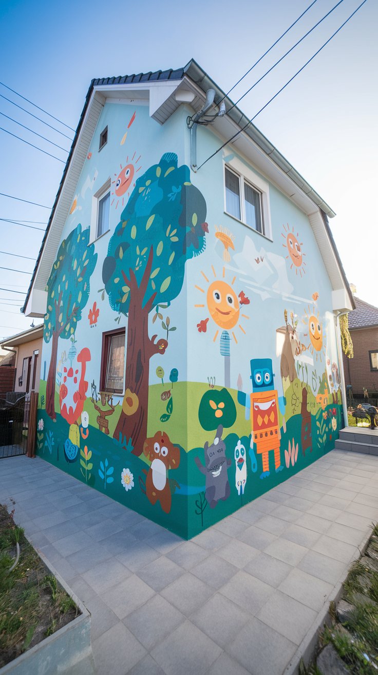 a house exterior with a whimsical character mural, friendly forest creatures, quirky robots, smiling suns, bright cheerful colors