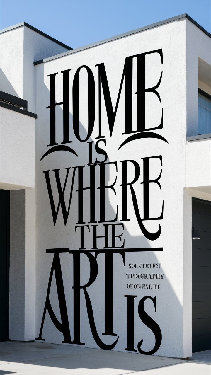 a house exterior with a typography statement mural, bold affirmation quote "Home is where the art is", artistic fonts, striking typography, minimalist
