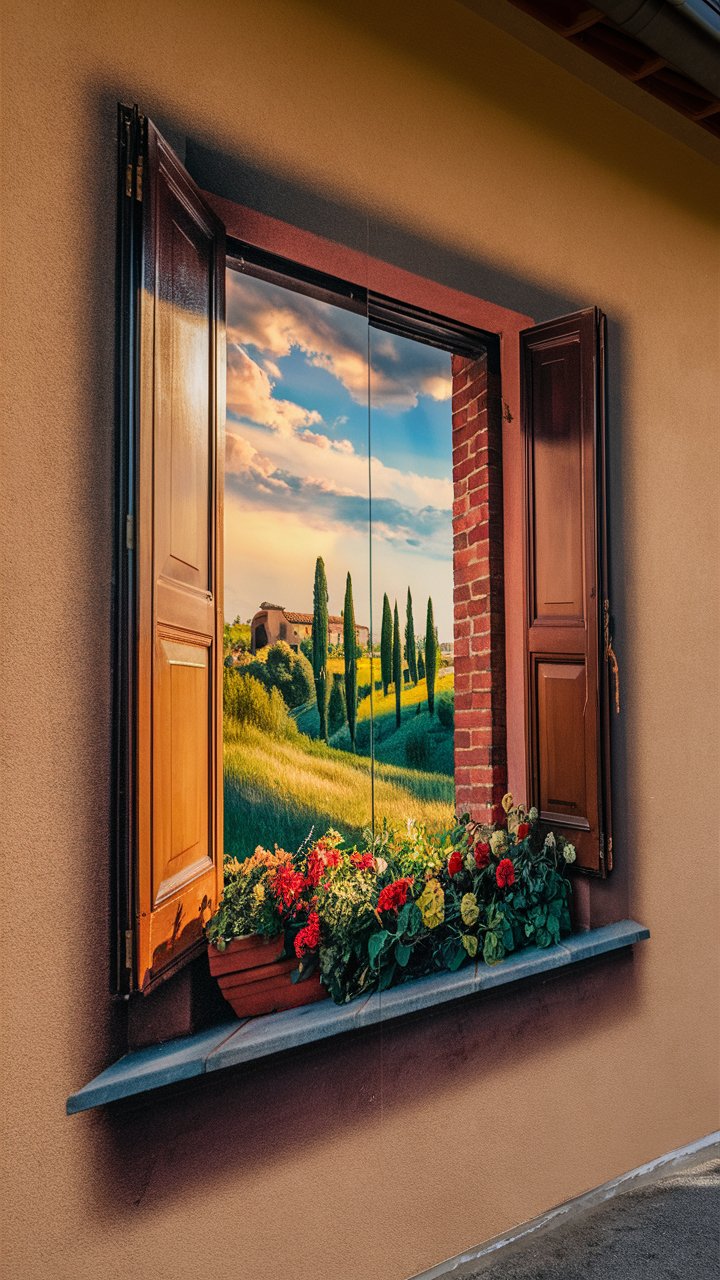 a house exterior with a trompe-l'oeil window mural, Tuscan landscape scene