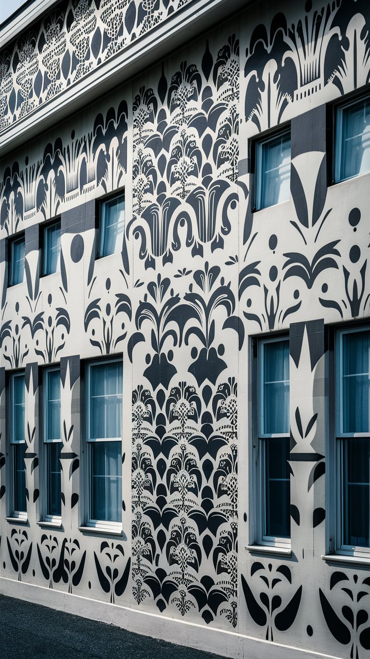 a house exterior with a stencil pattern mural, repeating geometric shapes, lace-like patterns, stylized floral motifs