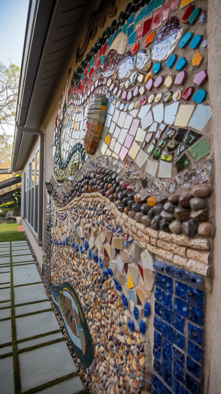 a house exterior with a textured mosaic mural, colorful tiles, pebbles, glass, repurposed items, rich texture, visual depth, tactile, handcrafted, dimensional art