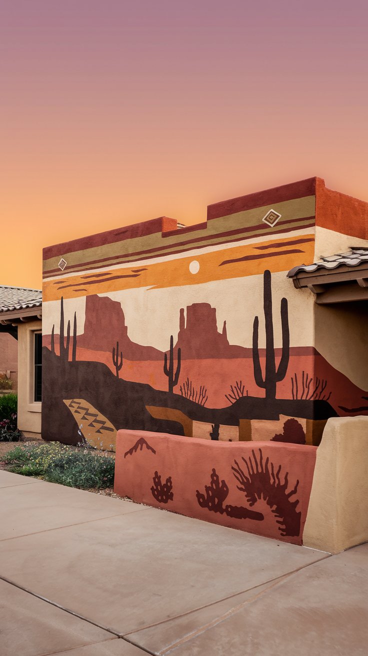 a house exterior with a southwestern sunset mural, terracotta, ochre, burnt sienna hues, cacti silhouettes, mesas, Native American patterns
