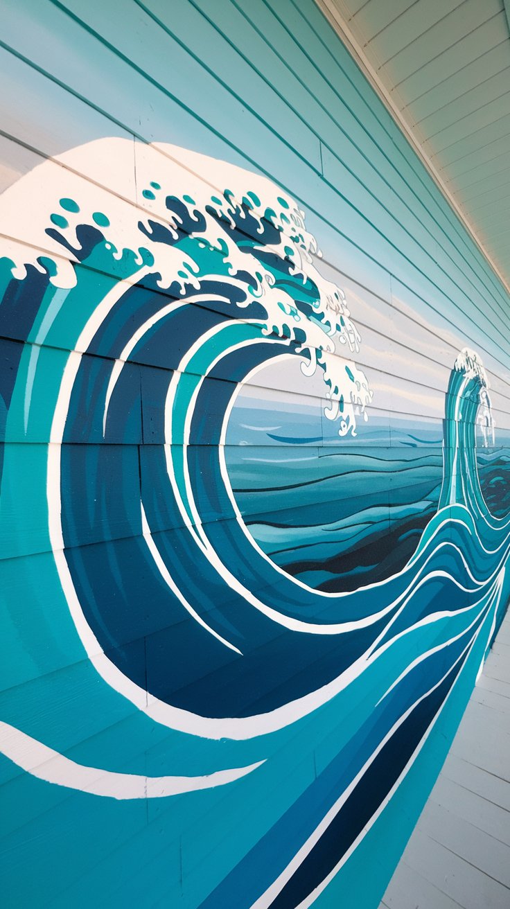 a house exterior with a coastal wave mural, turquoise, deep sea blue, foamy white, stylized waves