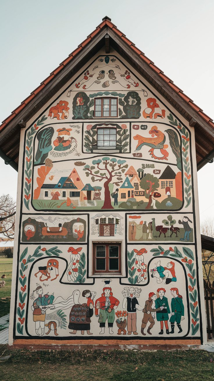 a house exterior with a folk art inspired mural, scenes of village life, mythical creatures, historical events, naive style, bold unmixed colors, strong black outlines