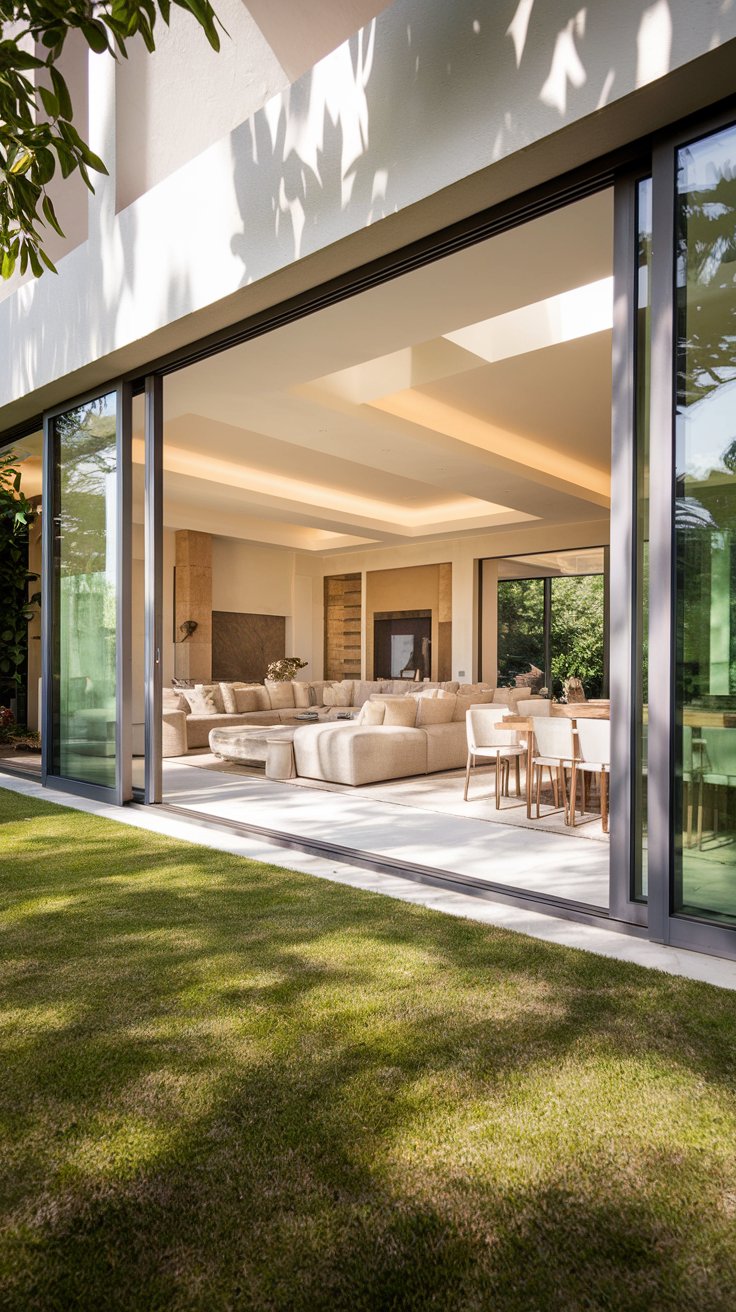 an open concept living and dining area seamlessly flowing into a lush garden. The interior is bathed in soft, natural light streaming through large sliding glass doors