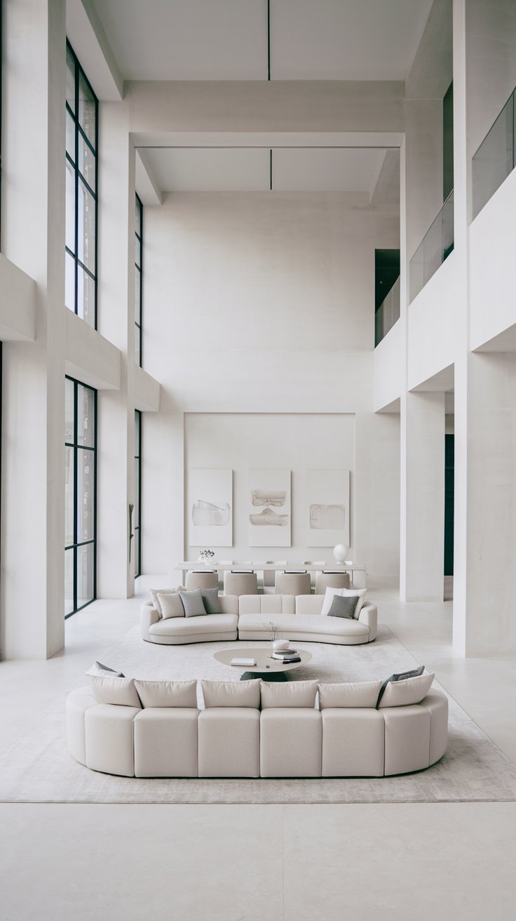 minimalist open concept living space. High ceilings, large windows with sheer white curtains. Monochromatic color scheme in soft whites and light greys. Minimal furniture: a single elegant sofa, a low coffee table, and subtle art pieces on the walls
