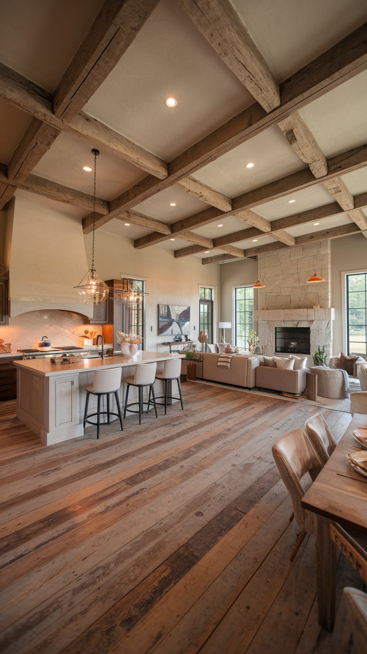 rustic chic open concept kitchen and living room. Exposed wooden beams on the ceiling, a large stone fireplace in the living area. Reclaimed wood flooring. Modern kitchen island with bar stools.