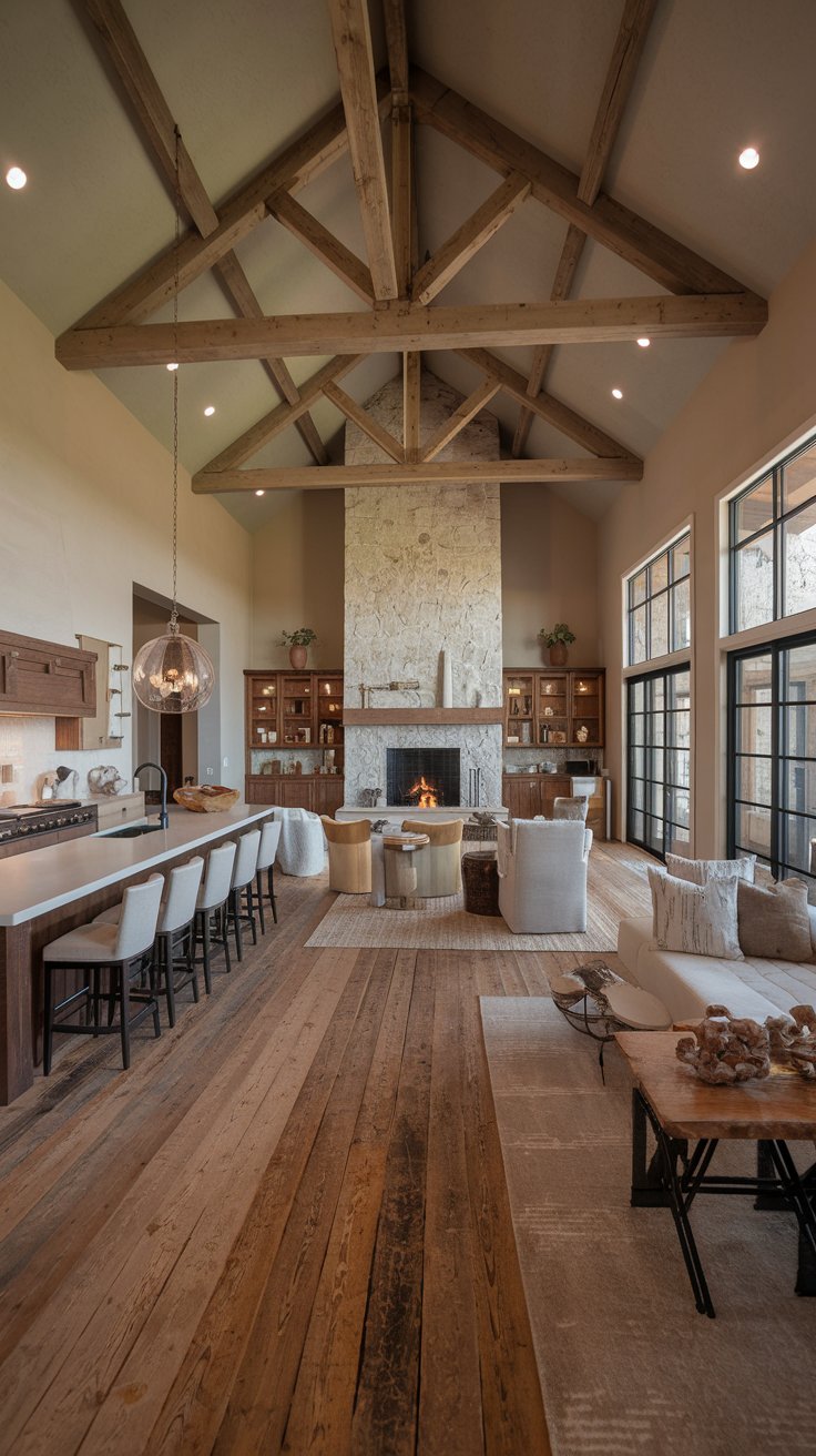 rustic chic open concept kitchen and living room. Exposed wooden beams on the ceiling, a large stone fireplace in the living area. Reclaimed wood flooring. Modern kitchen island with bar stools.
