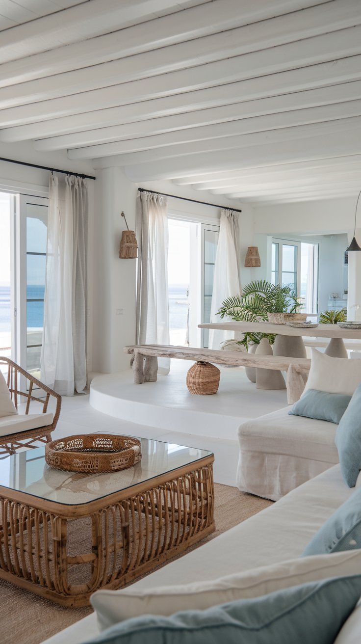 coastal style open concept living and dining area. White walls, light blue accents. Rattan furniture, linen upholstery, driftwood decorative elements. Large windows with sheer curtains, suggesting a sea view