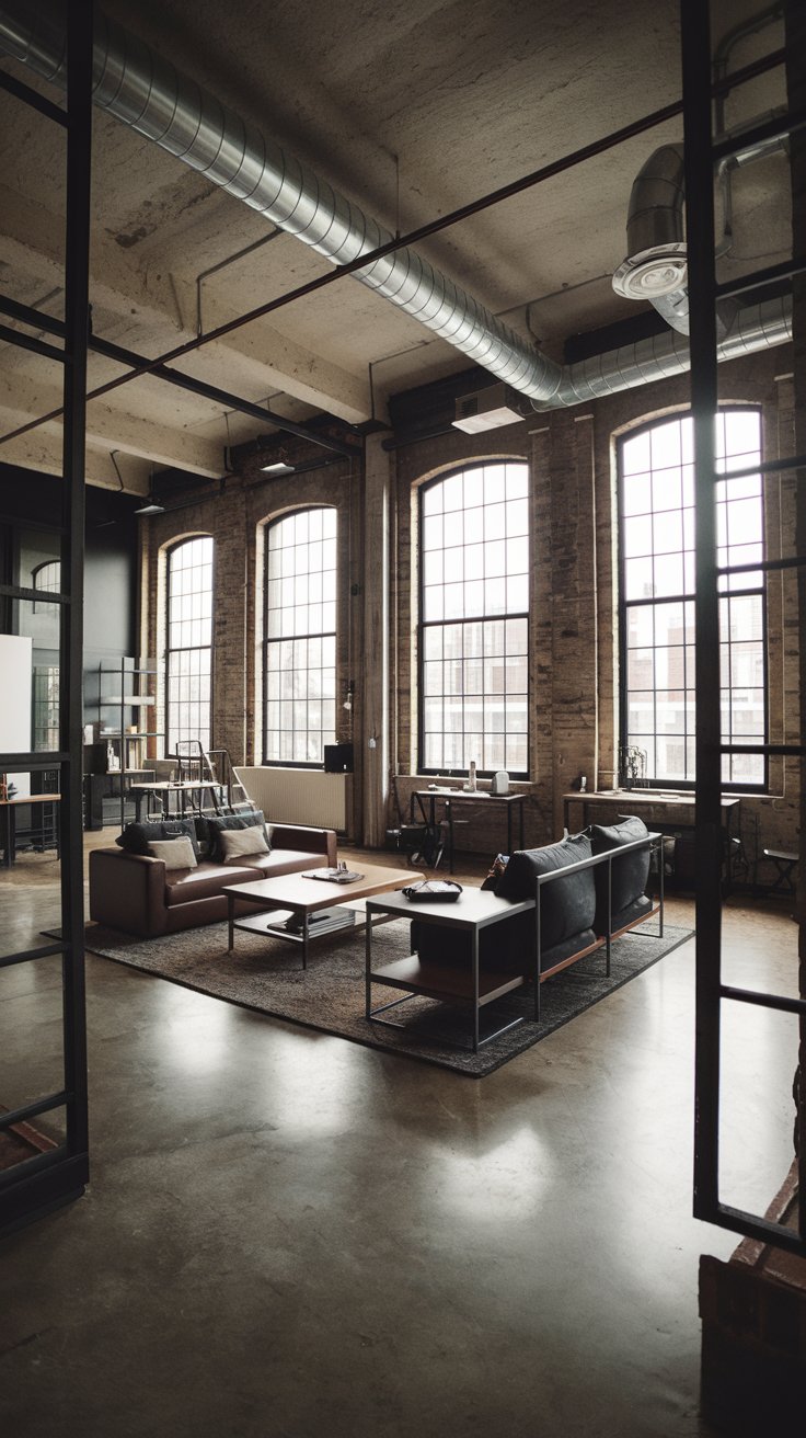 industrial loft style open concept living room. Exposed brick walls, polished concrete floors, exposed ductwork and pipes on the ceiling. Large factory-style windows. Metal and wood furniture, minimalist design. Neutral color palette with greys, blacks, and browns
